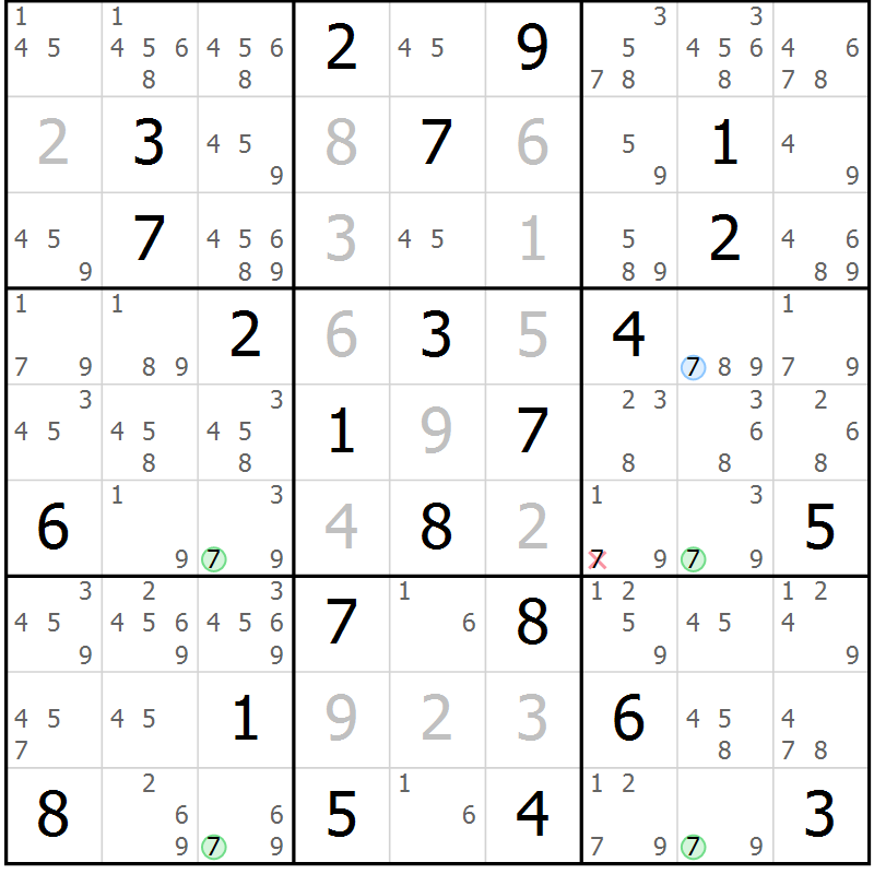 Position des candidats pour la solution de la Gr 69 page 72 du magazine de sudoku Maestro n° 100