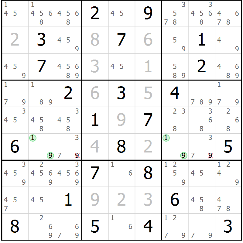 Position des candidats pour la solution de la Gr 69 page 72 du magazine de sudoku Maestro n° 100