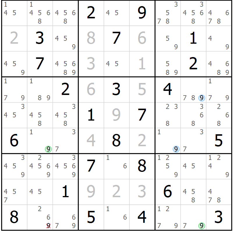 Position des candidats pour la solution de la Gr 69 page 72 du magazine de sudoku Maestro n° 100