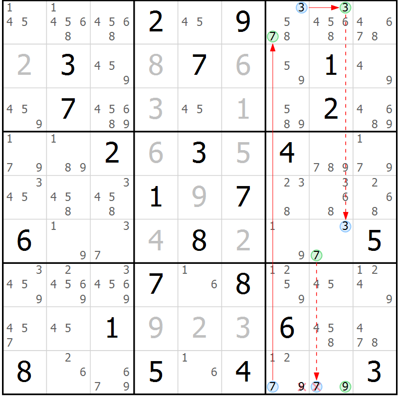 Position des candidats pour la solution de la Gr 69 page 72 du magazine de sudoku Maestro n° 100