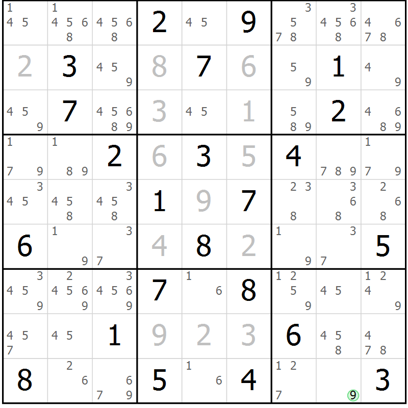 Position des candidats pour la solution de la Gr 69 page 72 du magazine de sudoku Maestro n° 100