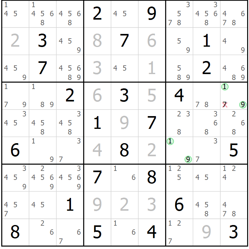 Position des candidats pour la solution de la Gr 69 page 72 du magazine de sudoku Maestro n° 100