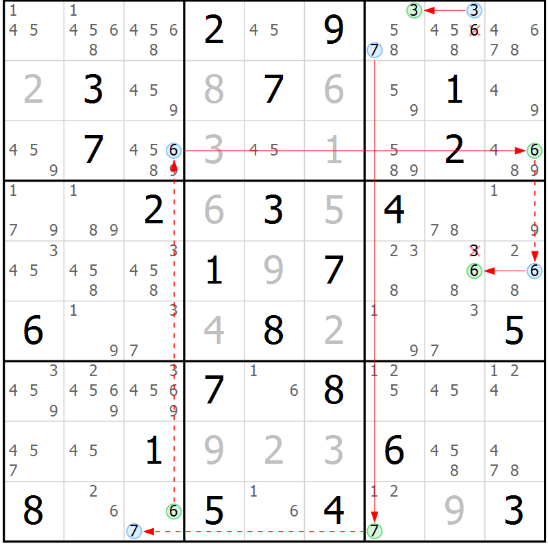 Position des candidats pour la solution de la Gr 69 page 72 du magazine de sudoku Maestro n° 100