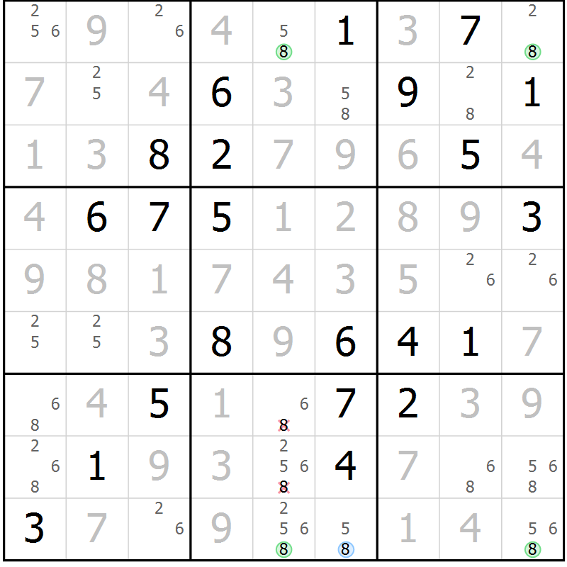 Position des candidats pour la solution de la Gr 7 page 10 du magazine de sudoku Maestro n° 100