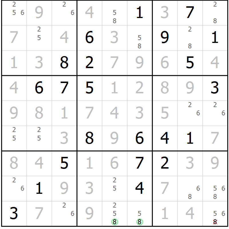 Position des candidats pour la solution de la Gr 7 page 10 du magazine de sudoku Maestro n° 100