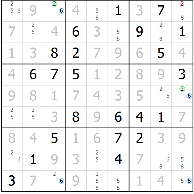 Position des candidats pour la solution de la Gr 7 page 10 du magazine de sudoku Maestro n° 100