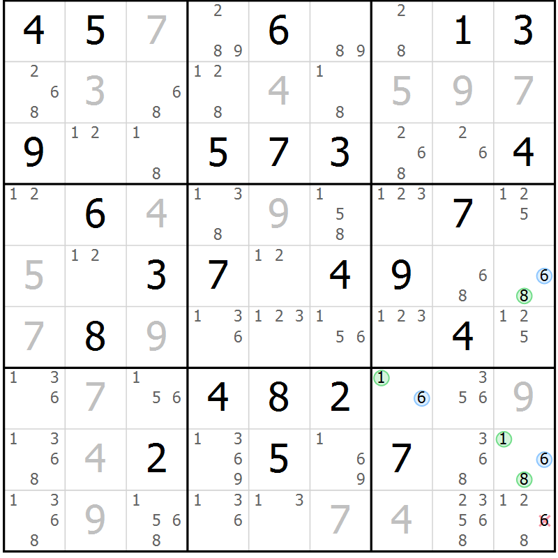 Position des candidats pour la solution de la Gr 70 page 73 du magazine de sudoku Maestro n° 100