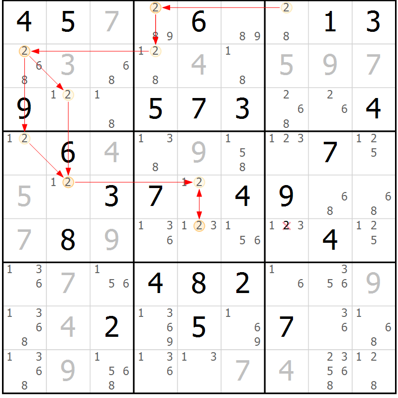 Position des candidats pour la solution de la Gr 70 page 73 du magazine de sudoku Maestro n° 100
