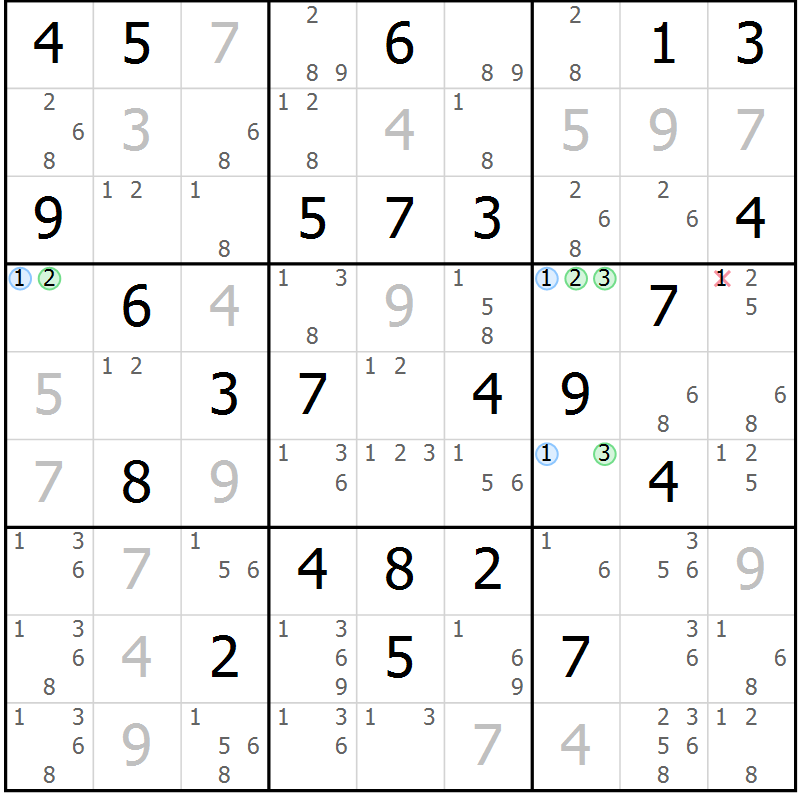 Position des candidats pour la solution de la Gr 70 page 73 du magazine de sudoku Maestro n° 100