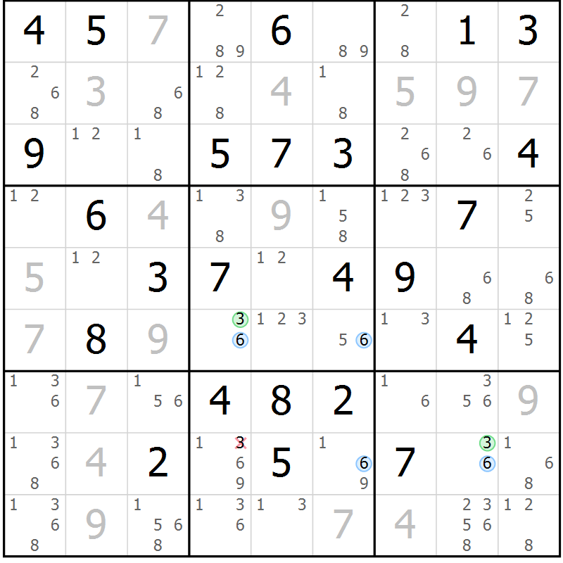 Position des candidats pour la solution de la Gr 70 page 73 du magazine de sudoku Maestro n° 100