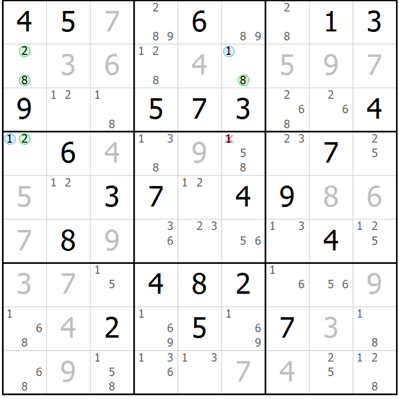 Position des candidats pour la solution de la Gr 70 page 73 du magazine de sudoku Maestro n° 100