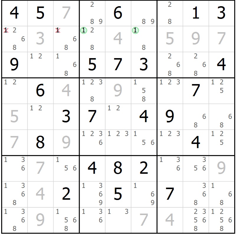Position des candidats pour la solution de la Gr 70 page 73 du magazine de sudoku Maestro n° 100