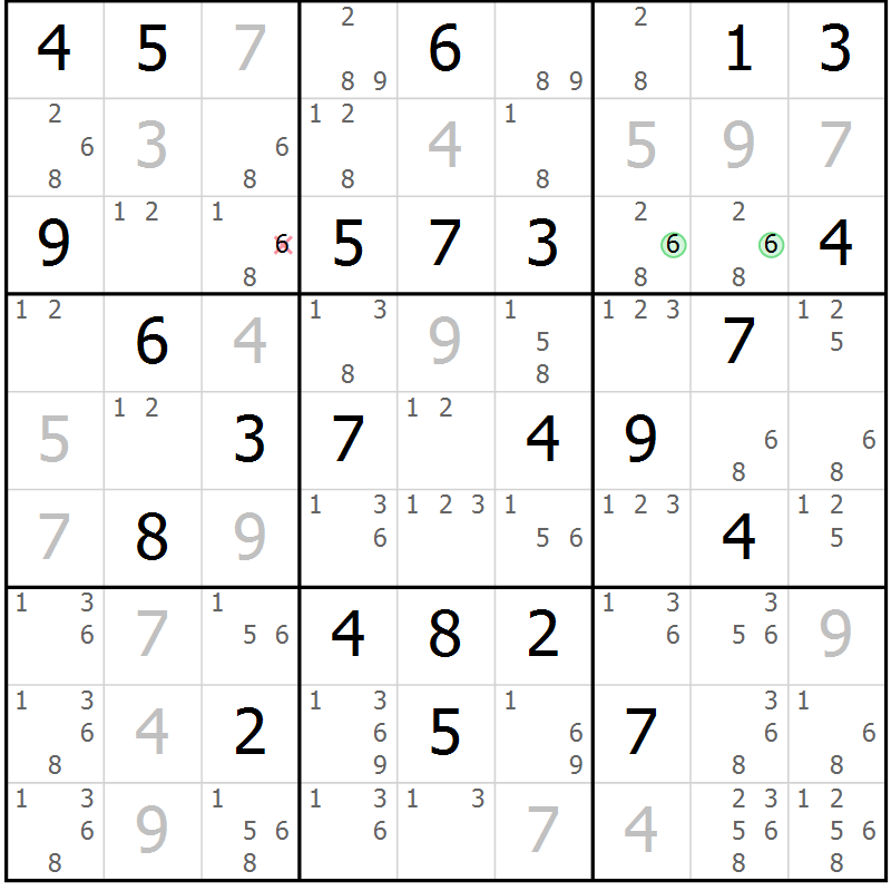 Position des candidats pour la solution de la Gr 70 page 73 du magazine de sudoku Maestro n° 100