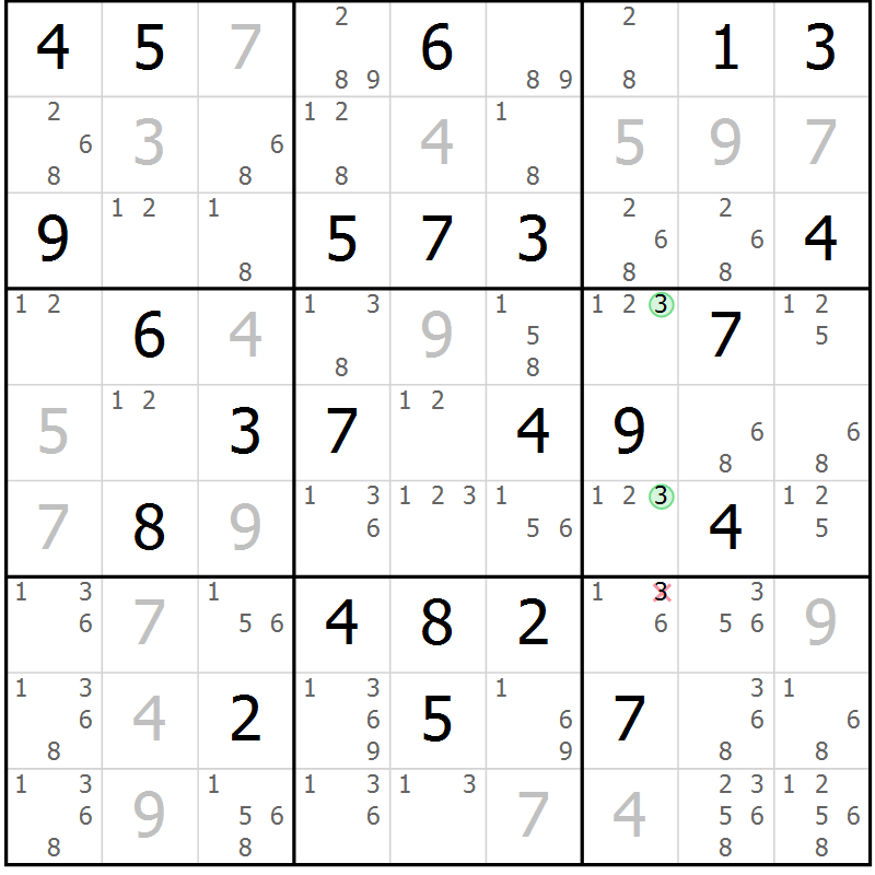 Position des candidats pour la solution de la Gr 70 page 73 du magazine de sudoku Maestro n° 100