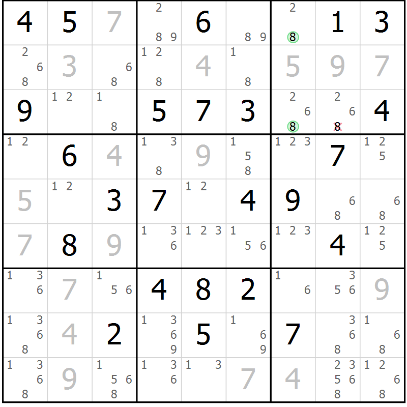 Position des candidats pour la solution de la Gr 70 page 73 du magazine de sudoku Maestro n° 100