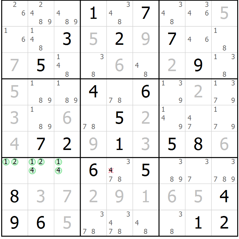 Position des candidats pour la solution de la Gr 71 page 74 du magazine de sudoku Maestro n° 100