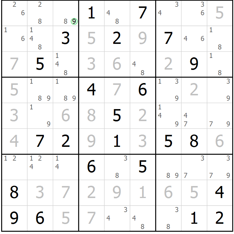 Position des candidats pour la solution de la Gr 71 page 74 du magazine de sudoku Maestro n° 100