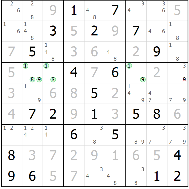 Position des candidats pour la solution de la Gr 71 page 74 du magazine de sudoku Maestro n° 100