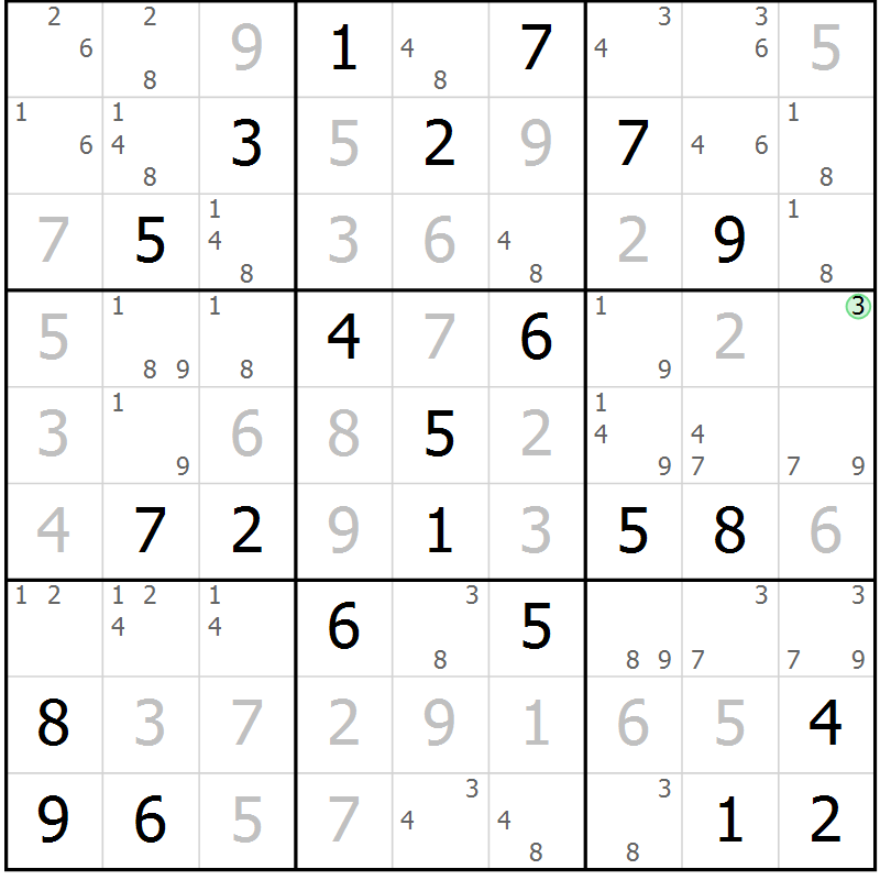 Position des candidats pour la solution de la Gr 71 page 74 du magazine de sudoku Maestro n° 100