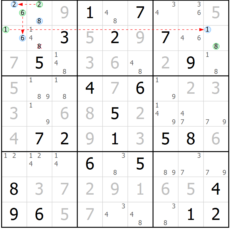 Position des candidats pour la solution de la Gr 71 page 74 du magazine de sudoku Maestro n° 100