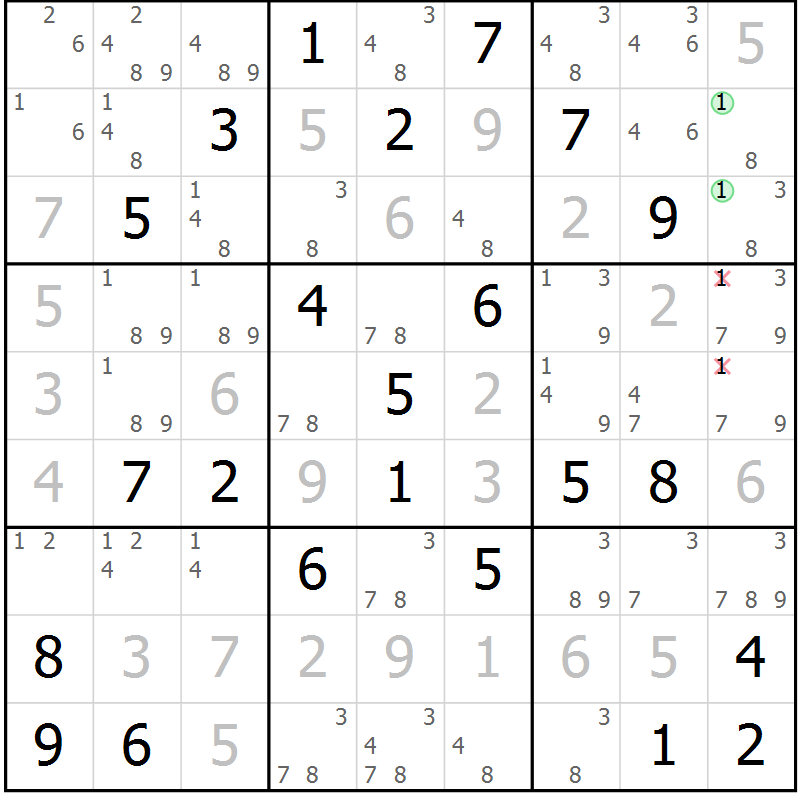 Position des candidats pour la solution de la Gr 71 page 74 du magazine de sudoku Maestro n° 100