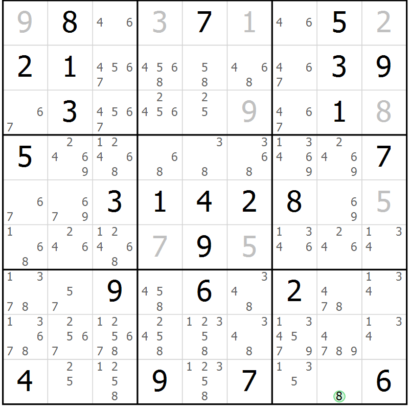 Position des candidats pour la solution de la Gr 72 page 75 du magazine de sudoku Maestro n° 100