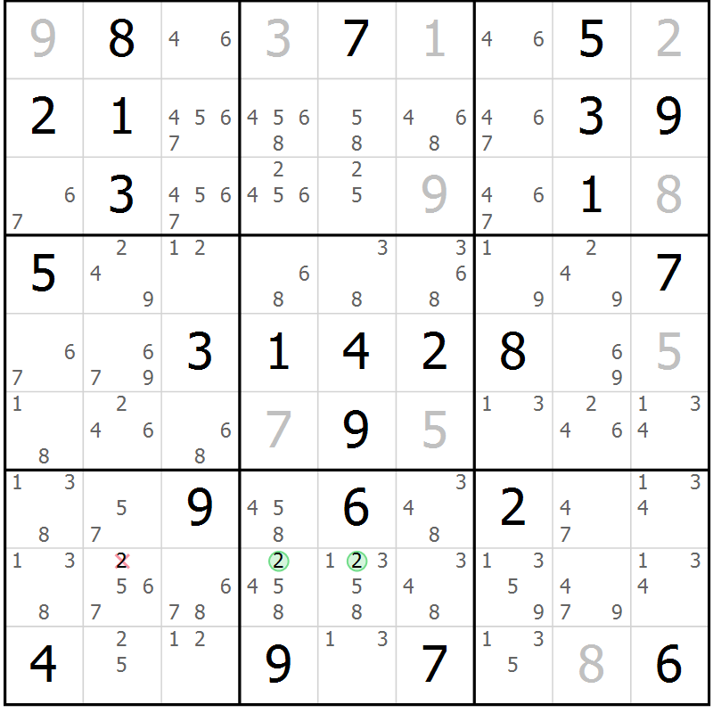 Position des candidats pour la solution de la Gr 72 page 75 du magazine de sudoku Maestro n° 100