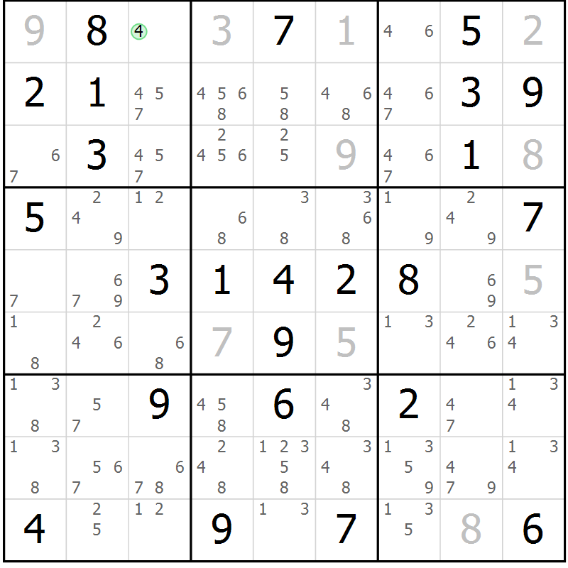 Position des candidats pour la solution de la Gr 72 page 75 du magazine de sudoku Maestro n° 100