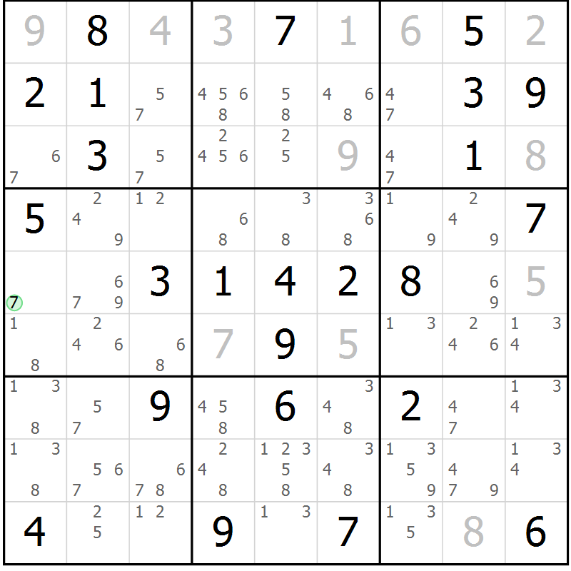 Position des candidats pour la solution de la Gr 72 page 75 du magazine de sudoku Maestro n° 100
