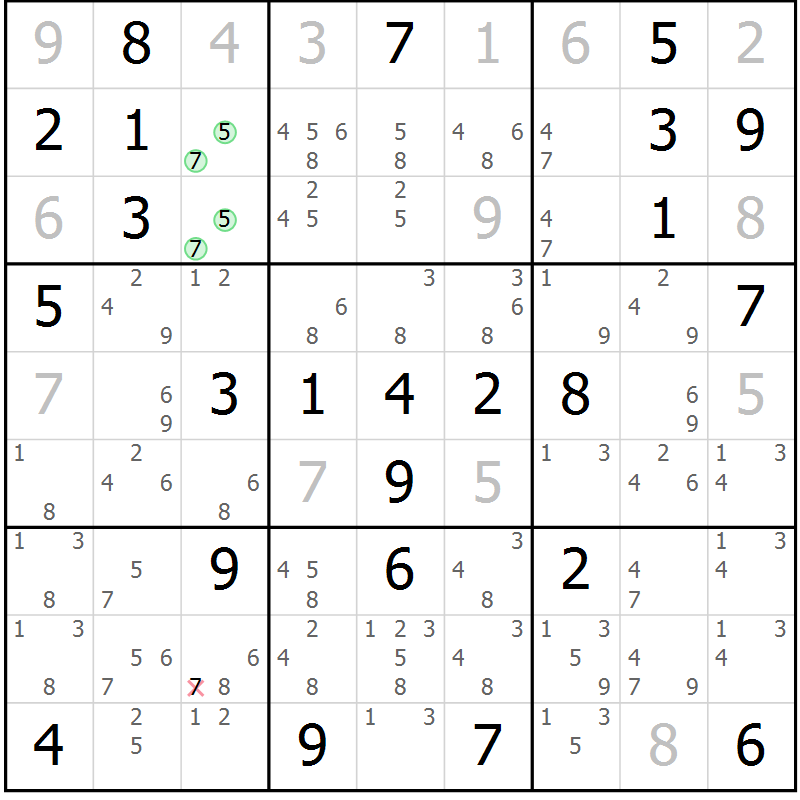 Position des candidats pour la solution de la Gr 72 page 75 du magazine de sudoku Maestro n° 100