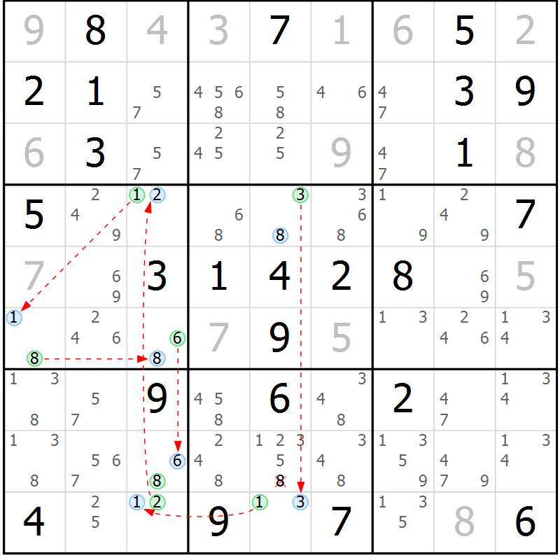 Position des candidats pour la solution de la Gr 72 page 75 du magazine de sudoku Maestro n° 100
