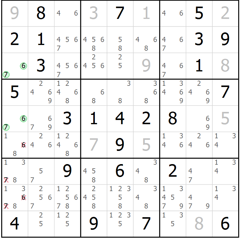 Position des candidats pour la solution de la Gr 72 page 75 du magazine de sudoku Maestro n° 100