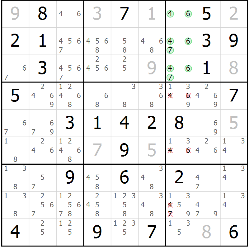 Position des candidats pour la solution de la Gr 72 page 75 du magazine de sudoku Maestro n° 100