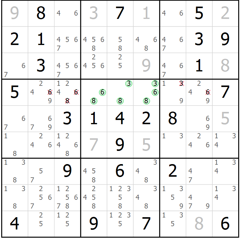 Position des candidats pour la solution de la Gr 72 page 75 du magazine de sudoku Maestro n° 100