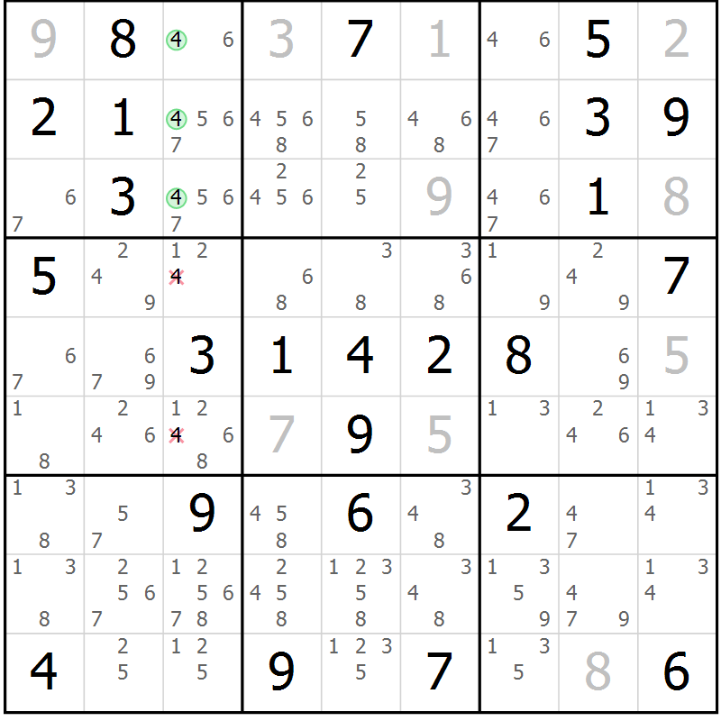 Position des candidats pour la solution de la Gr 72 page 75 du magazine de sudoku Maestro n° 100
