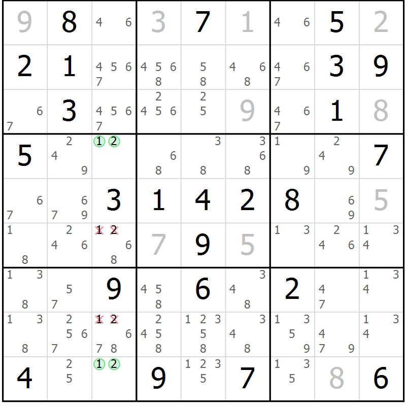 Position des candidats pour la solution de la Gr 72 page 75 du magazine de sudoku Maestro n° 100