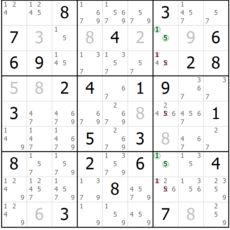 Position des candidats pour la solution de la Gr 73 page 76 du magazine de sudoku Maestro n° 100