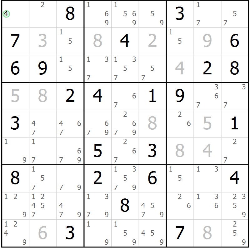 Position des candidats pour la solution de la Gr 73 page 76 du magazine de sudoku Maestro n° 100