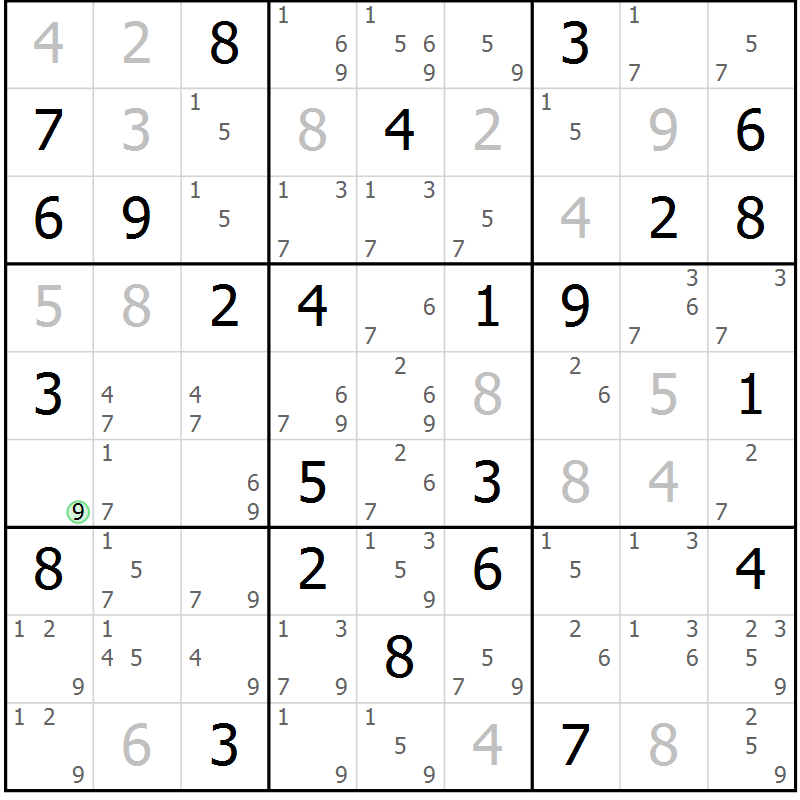 Position des candidats pour la solution de la Gr 73 page 76 du magazine de sudoku Maestro n° 100