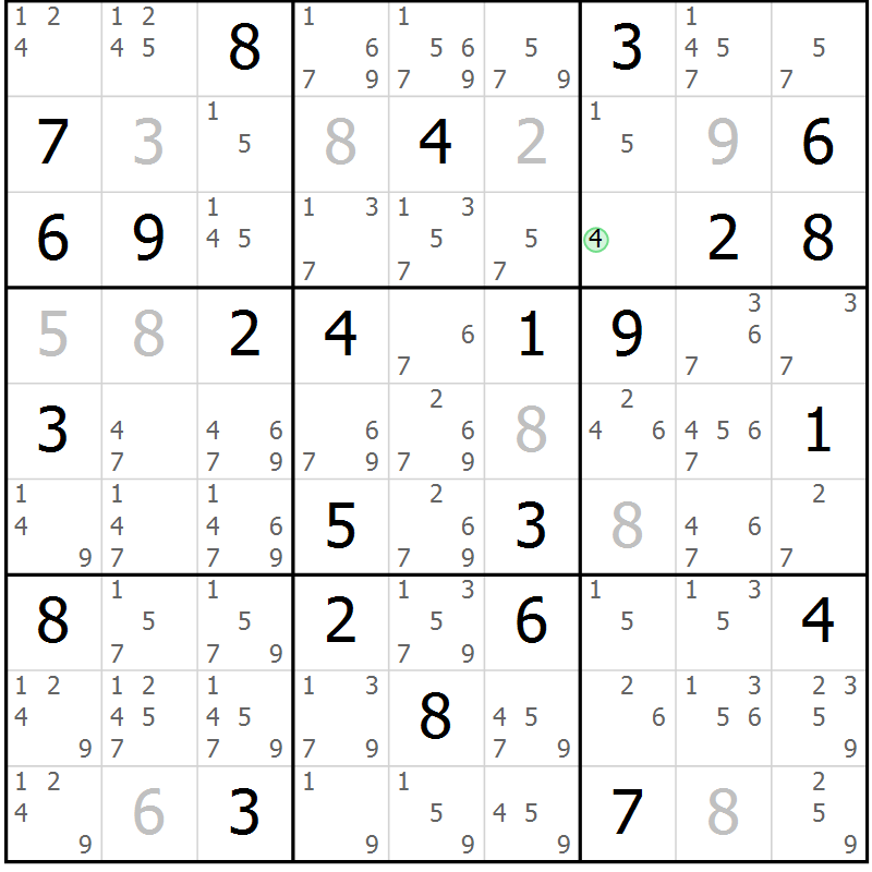 Position des candidats pour la solution de la Gr 73 page 76 du magazine de sudoku Maestro n° 100