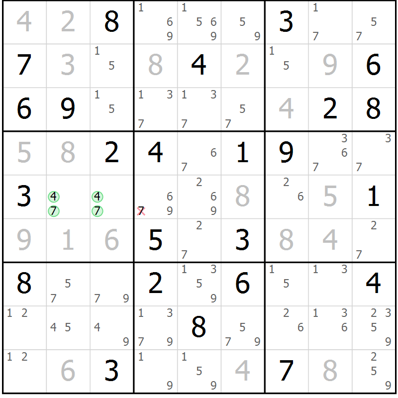 Position des candidats pour la solution de la Gr 73 page 76 du magazine de sudoku Maestro n° 100