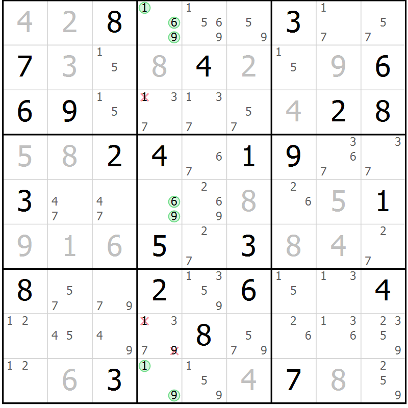 Position des candidats pour la solution de la Gr 73 page 76 du magazine de sudoku Maestro n° 100