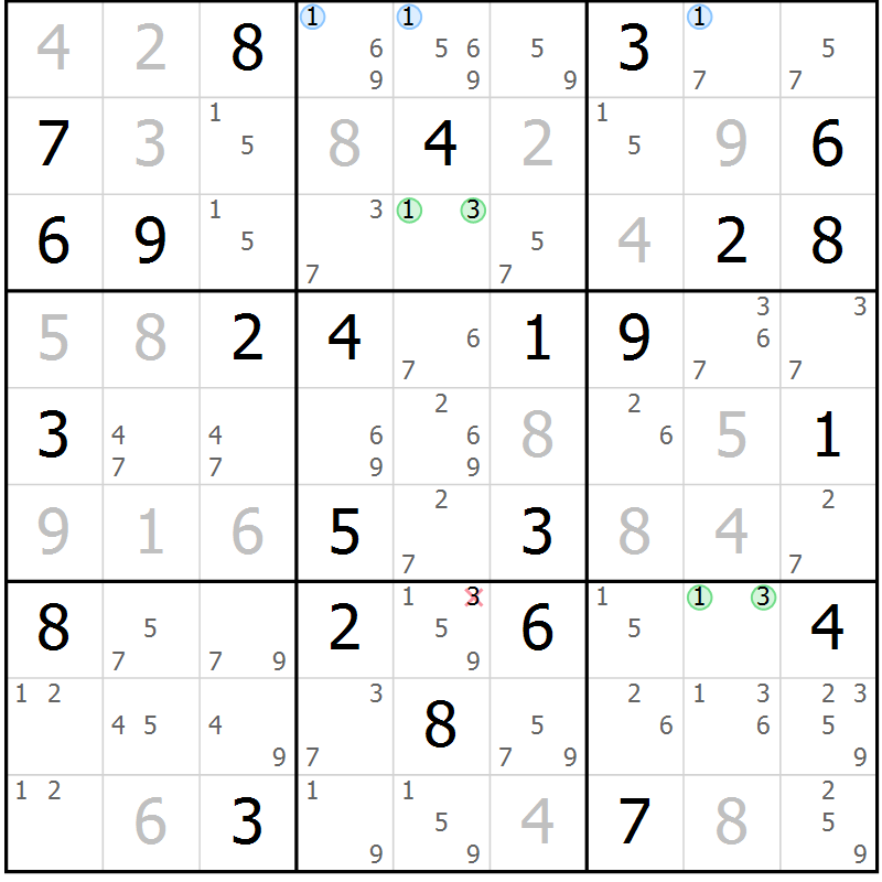 Position des candidats pour la solution de la Gr 73 page 76 du magazine de sudoku Maestro n° 100