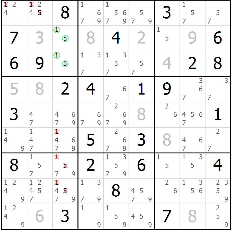 Position des candidats pour la solution de la Gr 73 page 76 du magazine de sudoku Maestro n° 100