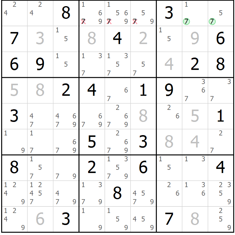 Position des candidats pour la solution de la Gr 73 page 76 du magazine de sudoku Maestro n° 100