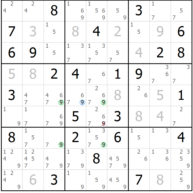 Position des candidats pour la solution de la Gr 73 page 76 du magazine de sudoku Maestro n° 100