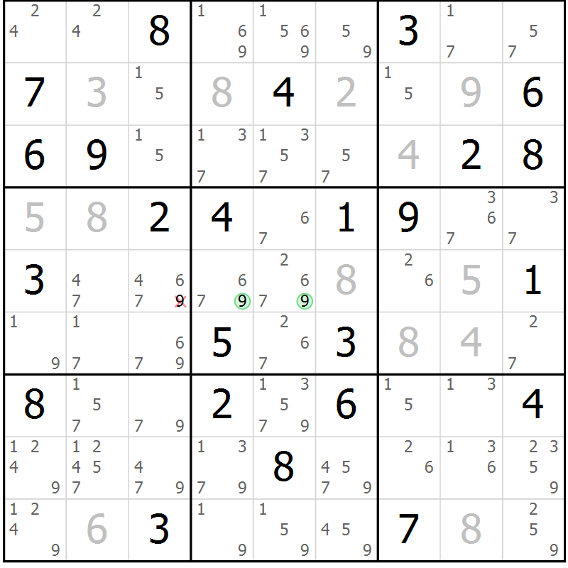 Position des candidats pour la solution de la Gr 73 page 76 du magazine de sudoku Maestro n° 100