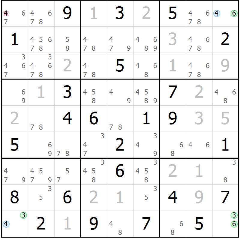 Position des candidats pour la solution de la Gr 74 page 77 du magazine de sudoku Maestro n° 100