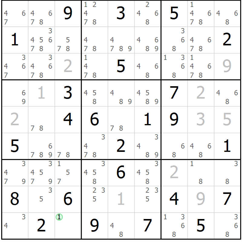 Position des candidats pour la solution de la Gr 74 page 77 du magazine de sudoku Maestro n° 100