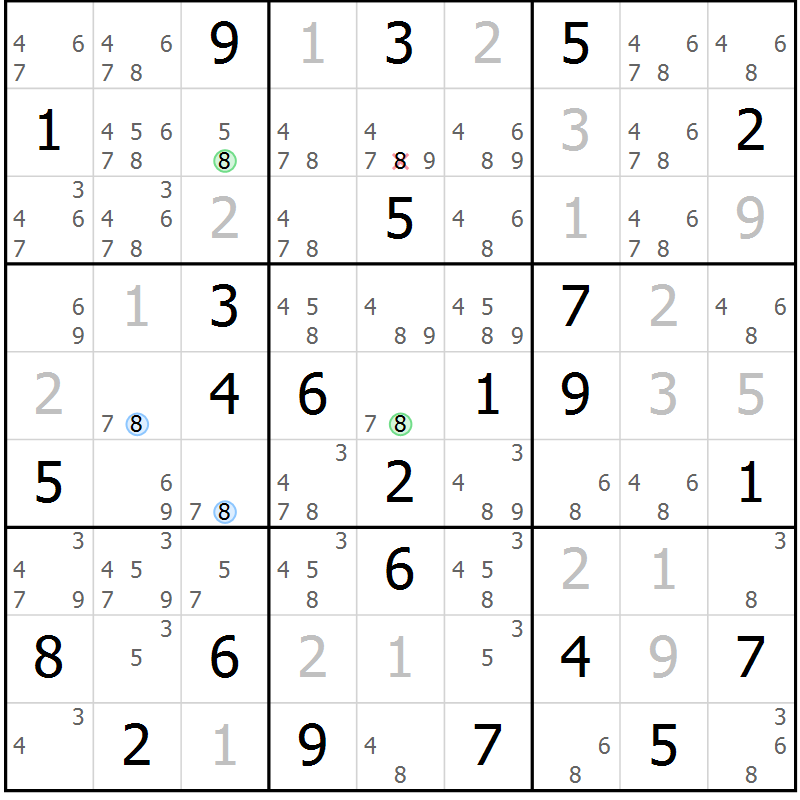 Position des candidats pour la solution de la Gr 74 page 77 du magazine de sudoku Maestro n° 100